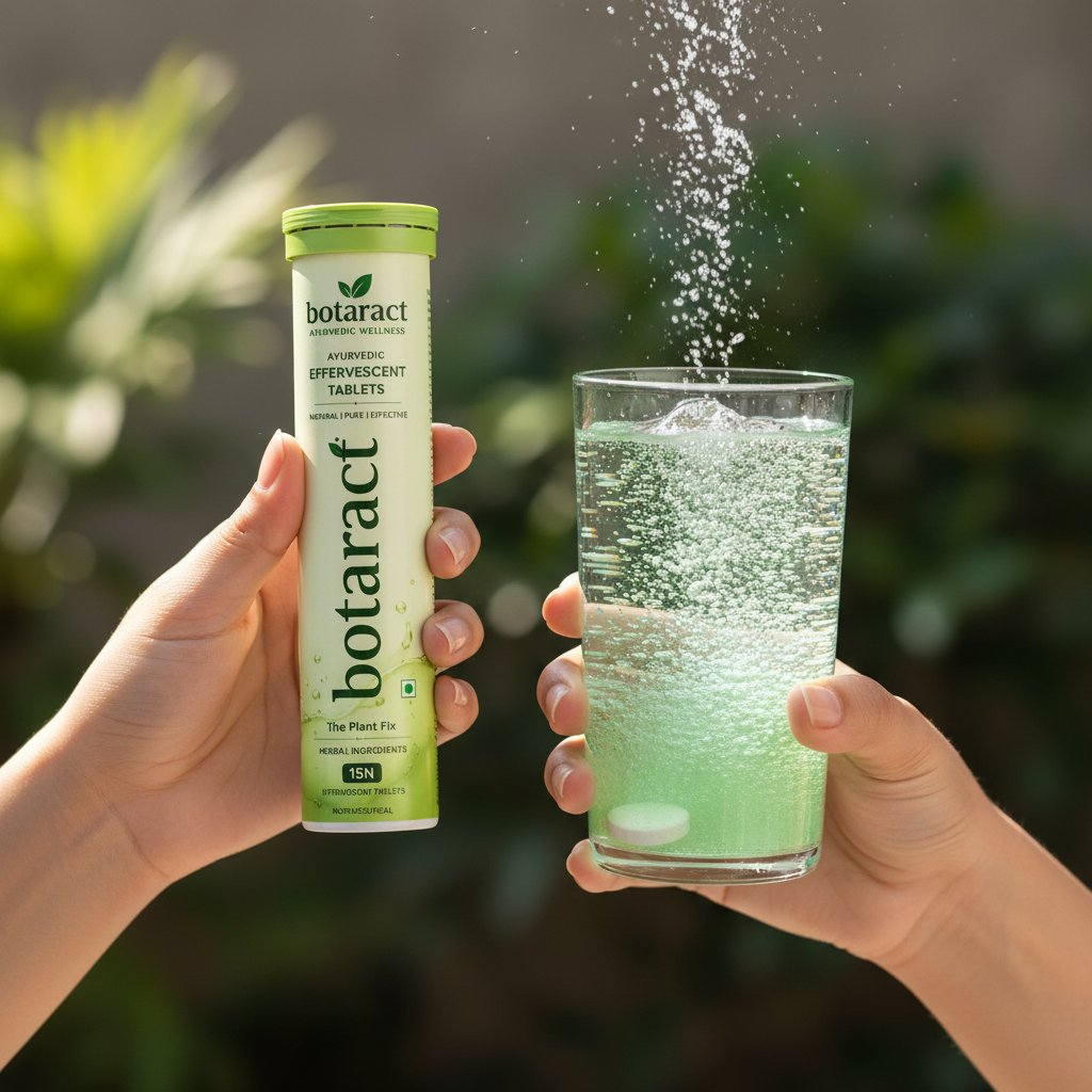 Hands holding the botaract tube and a fizzing drink