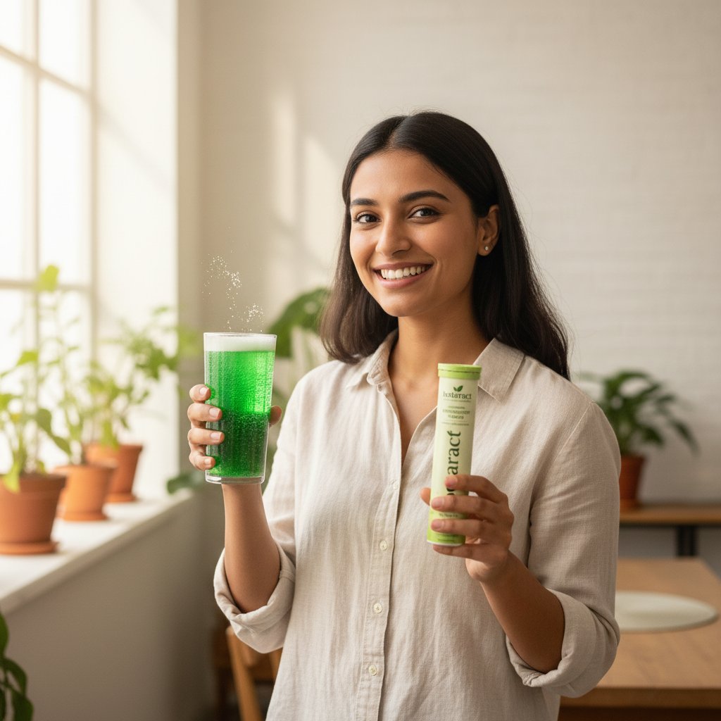 Woman holding a glass of botaract effervescent drink
