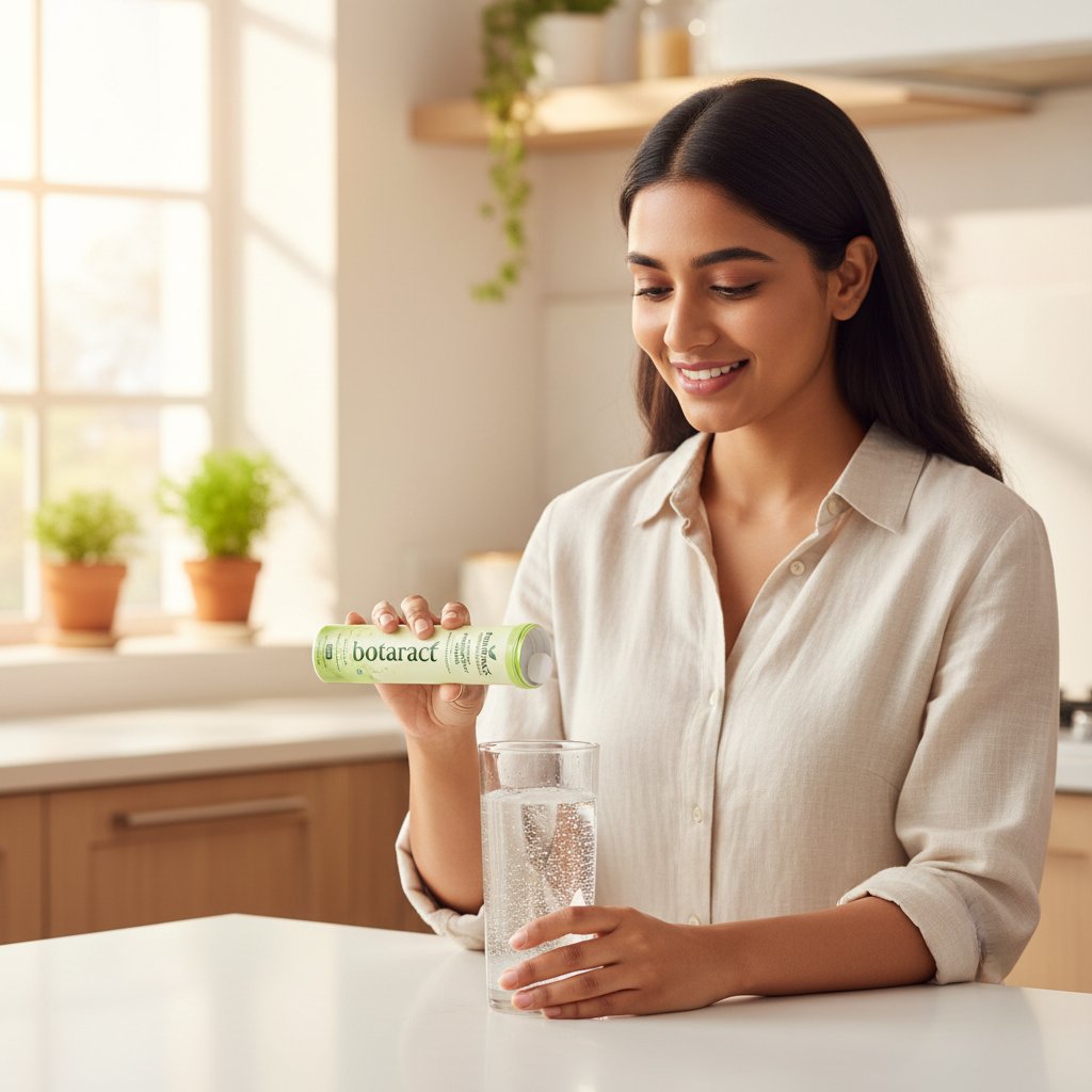 Woman dropping a botaract tablet into a glass of water