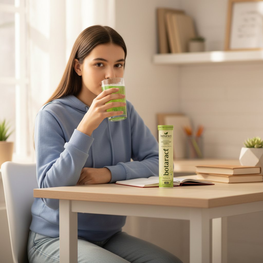 Girl drinking botaract at her study desk